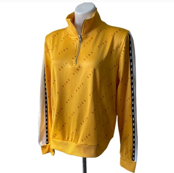 PINK VS Quarter Zip Up Track Jacket Gold w/ Blk Pink Ticking - Picture 4 of 11